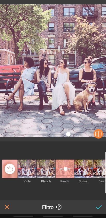 grupo de amigas sentadas en una banca en la calle