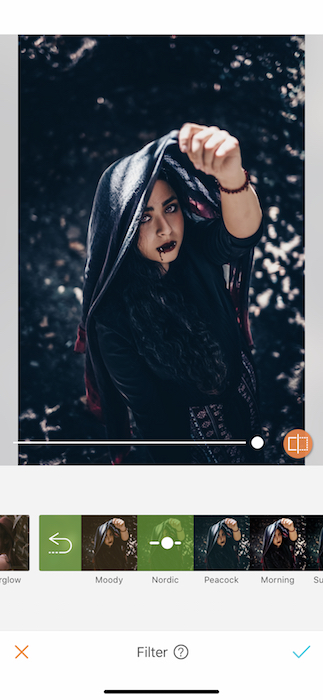 Picture of a woman holding a scarf up her head being edited by Airbrush with Filter
