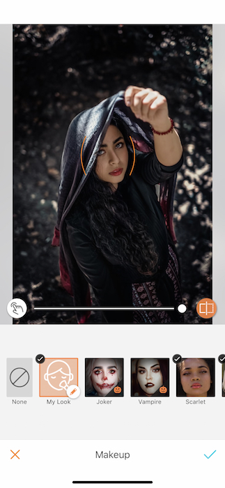 Picture of a woman holding a scarf up her head being edited by Airbrush with Makeup Filter