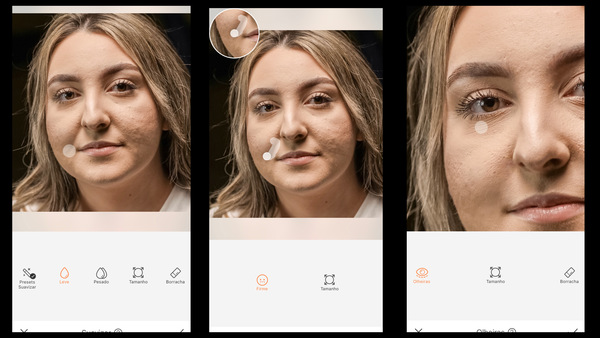 Montagem com 3 fotos com a mesma mulher com marcas de espinha no rosto mostrando as ferramentas do Airbrush para retirar essas marcas. 