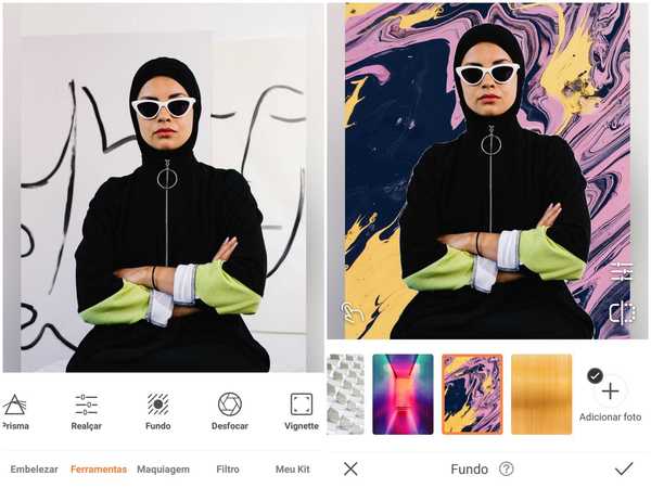 Foto de uma mulher usando hijab preto sendo editada no app Airbrush