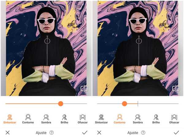 Foto de uma mulher usando hijab preto sendo editada no app Airbrush