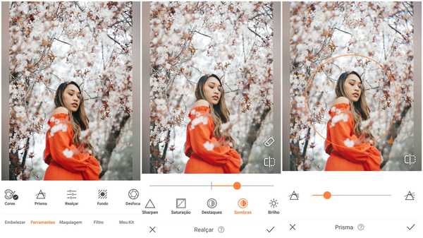 Foto de uma garota asiática de vestido laranja no meio de ramos de flores de cerejeira sendo editada no app Airbrush