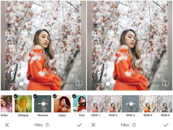 Foto de uma garota asiática de vestido laranja no meio de ramos de flores de cerejeira sendo editada no app Airbrush
