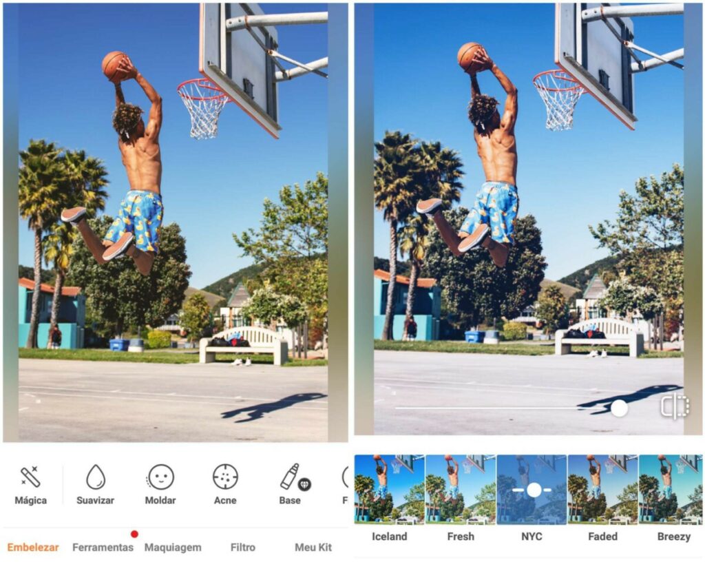 Montagem de duas fotos com o mesmo cara pulando para acertar a bola de basquete na cesta. Foto 1 sem edição e na foto 2 com o filtro NYC do Airbrush