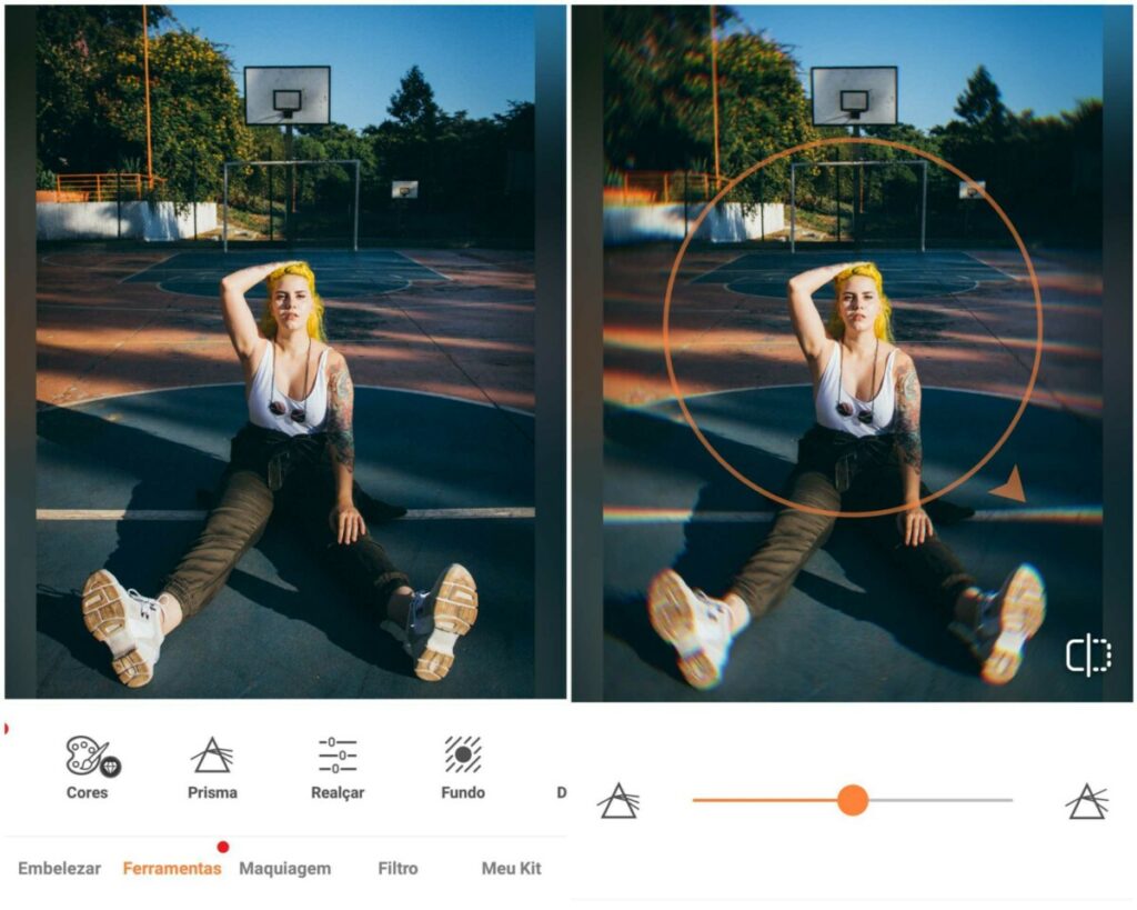 Montagem de duas fotos com a mesma mulher sentada em uma quadra de basquete com a mão no cabelo. Foto 1 sem edição e foto 2 com a edição Prisma do Airbrush