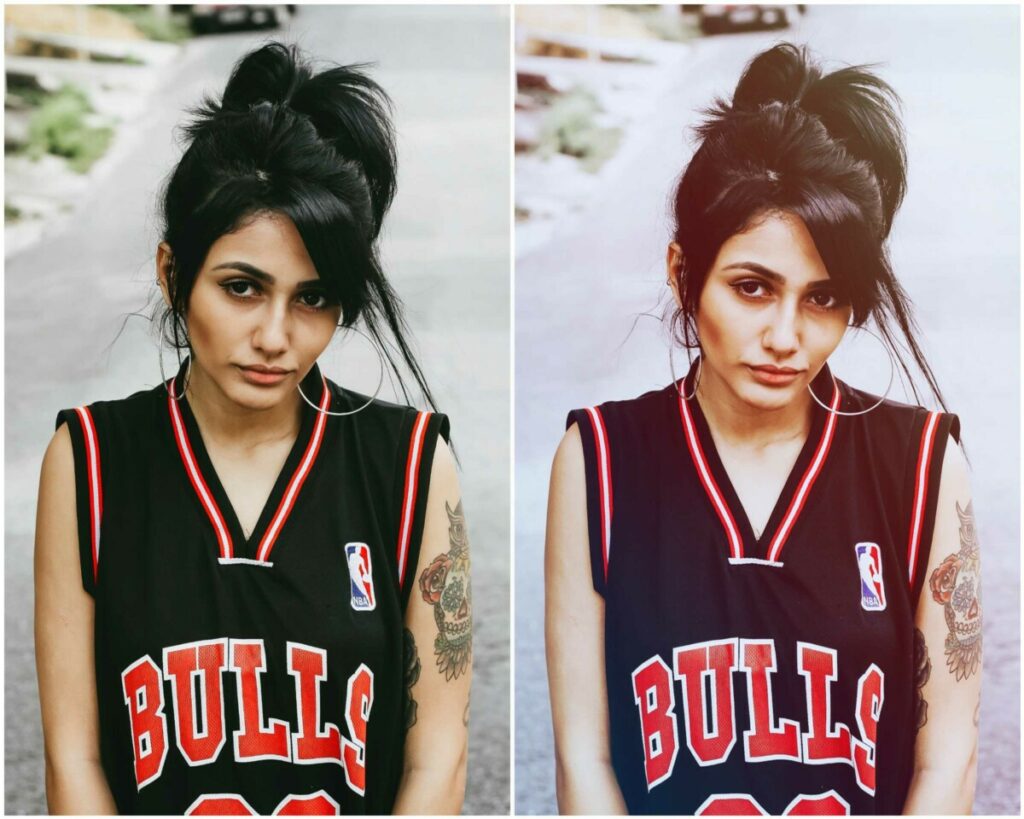 Montagem de duas fotos com a mesma mulher usando uma regata do time Bulls, de basquete.  Foto 1 sem edição e na foto 2 com o filtro Sunset do Airbrush