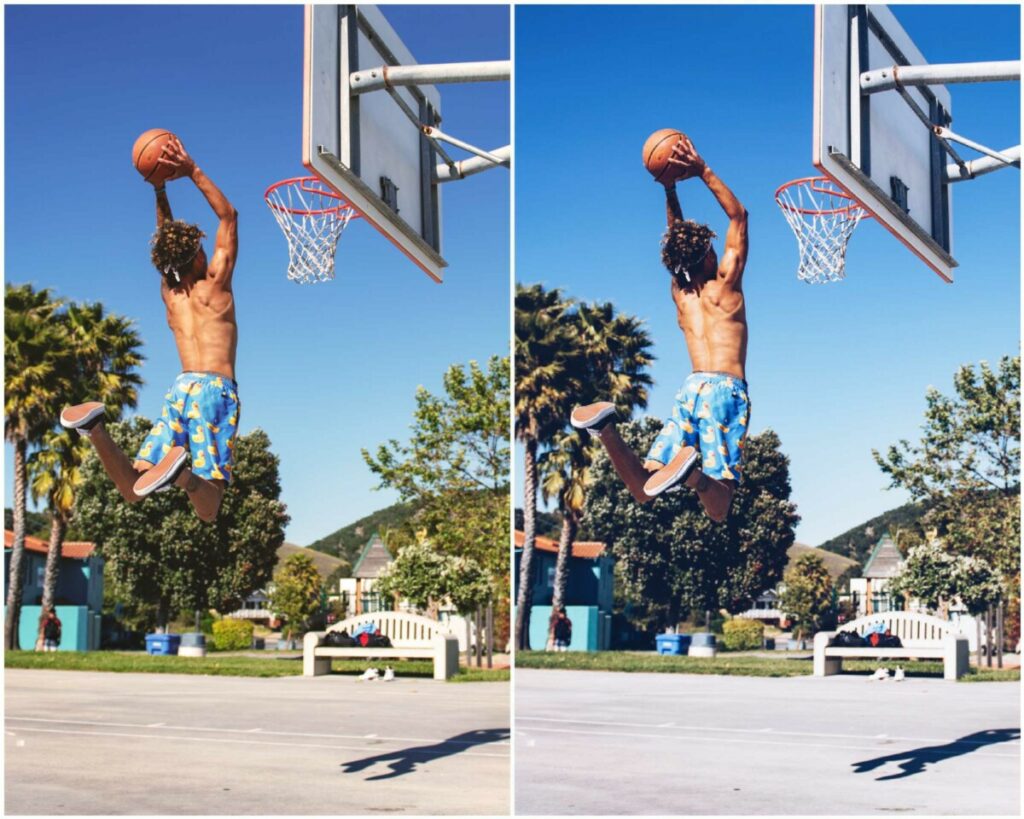 Montagem de duas fotos com o mesmo cara pulando para acertar a bola de basquete na cesta. Foto 1 sem edição e na foto 2 com o filtro NYC do Airbrush