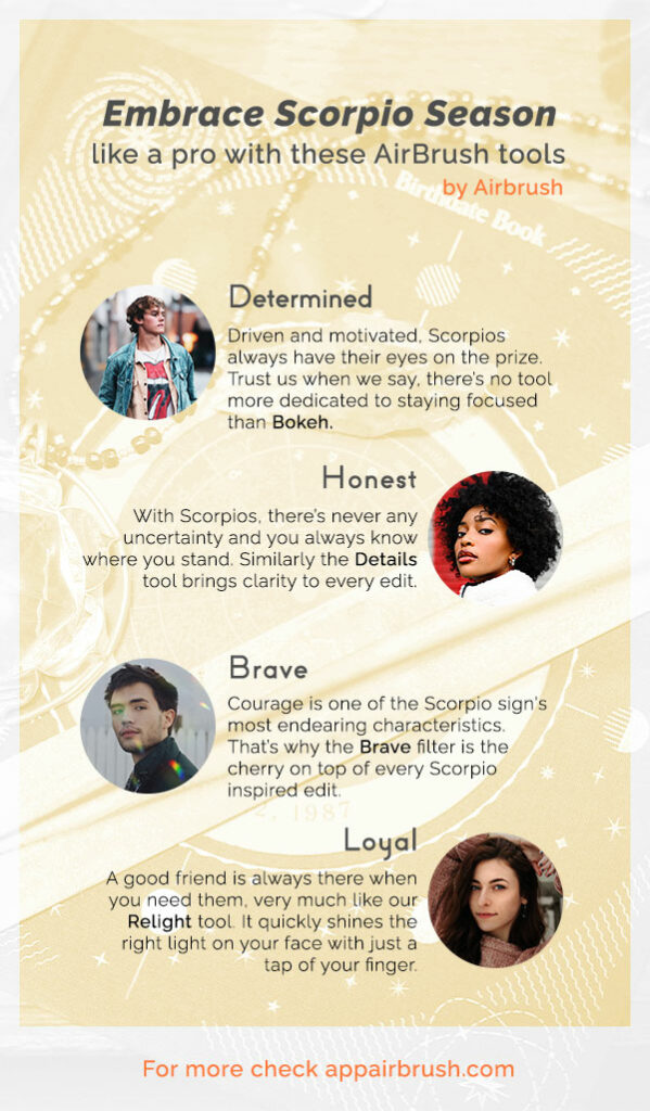 Infographic featuring Airbrush tools for the perfect Scorpio edit