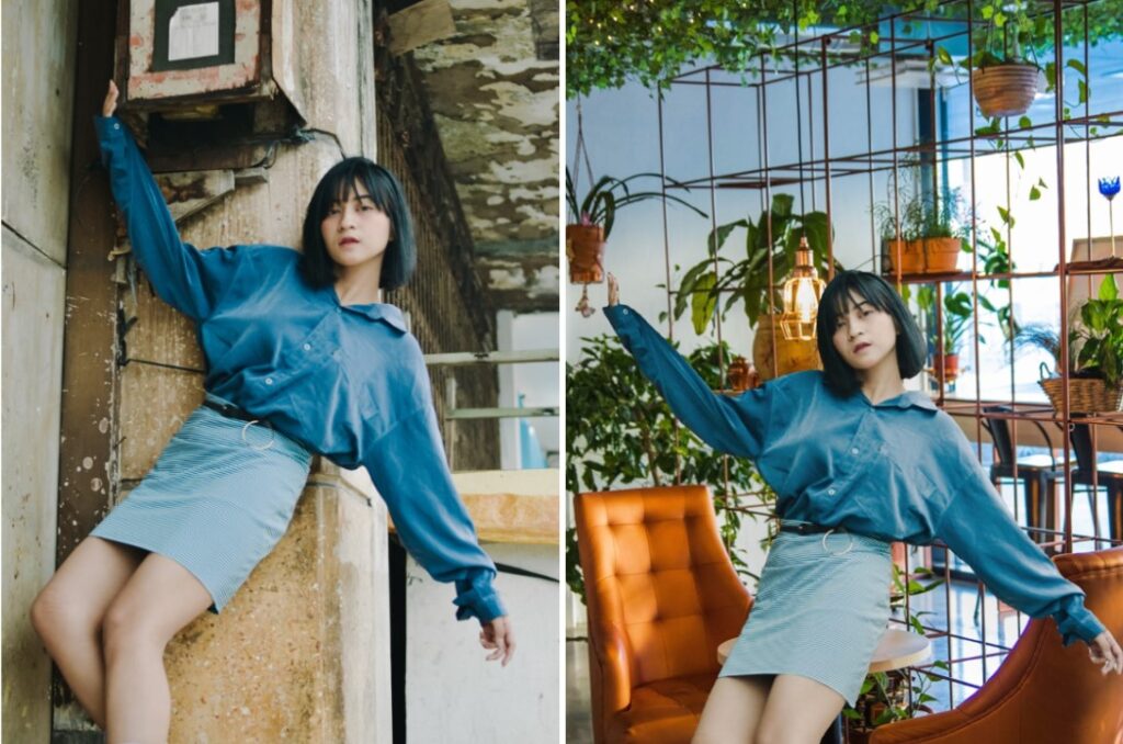 woman in denim outfit