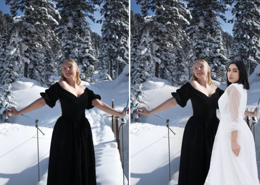 two women in monochrome dresses