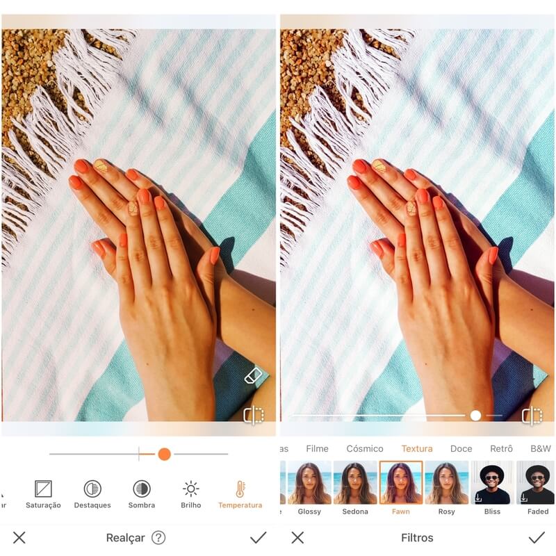 Foto de unhas sendo editada com o aplicativo Airbrush