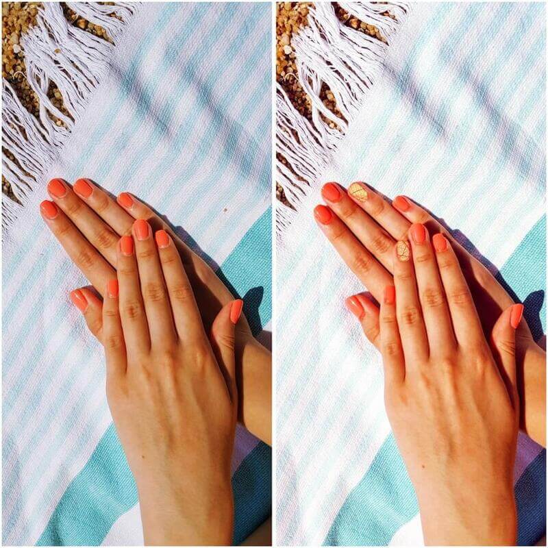 Antes e depois de uma edição de uma foto de unha