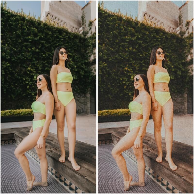Antes e depois de uma foto de duas mulheres de biquinis depois de uma edição do Airbrush