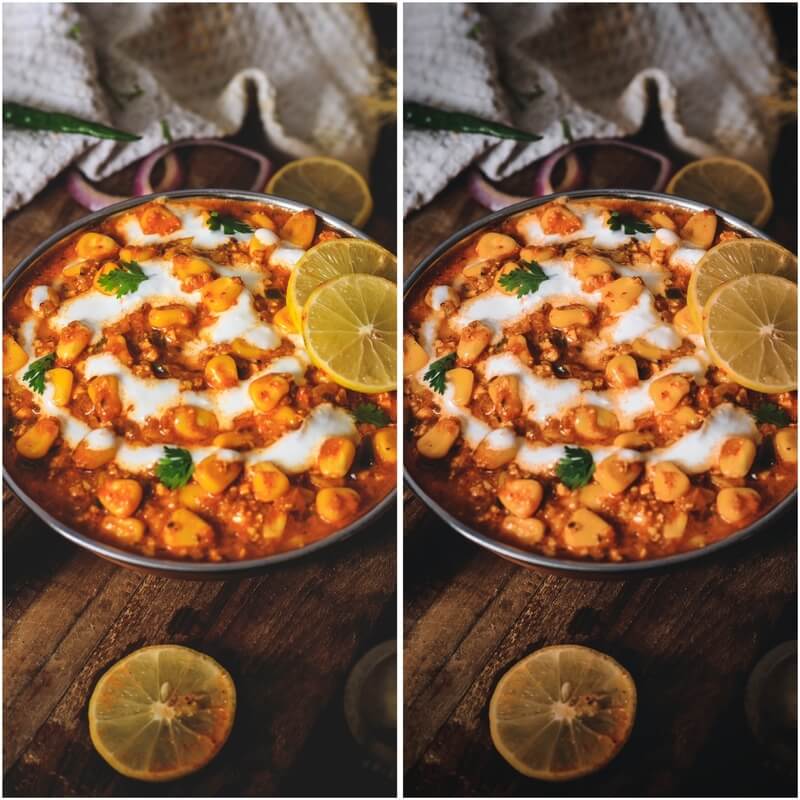 Antes e depois de uma foto de um prato de comida depois de uma edição do Airbrush