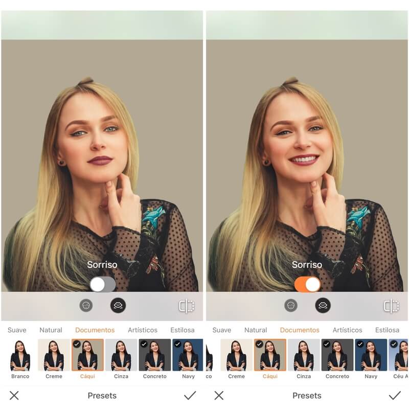 Foto de uma mulher loira posando com a mão no queixo, sendo editada pelo aplicativo Airbrush