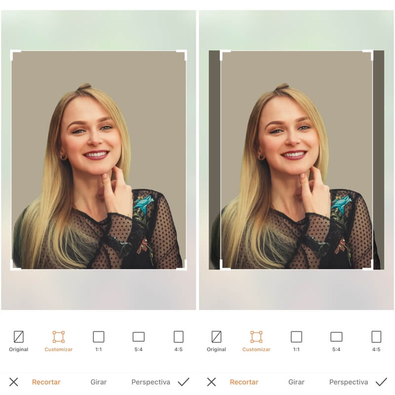 Foto de uma mulher loira posando com a mão no queixo, sendo editada pelo aplicativo Airbrush