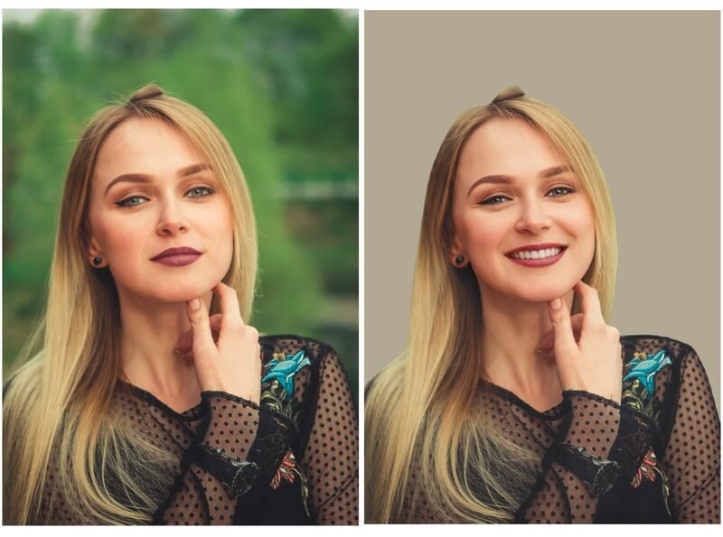 Antes e depois da foto de uma mulher loira posando com a mão no queixo, editada pelo aplicativo Airbrush