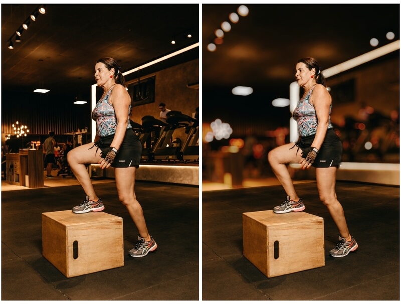 Antes e depois de uma edição com o Airbrush de uma mulher praticando crossfit