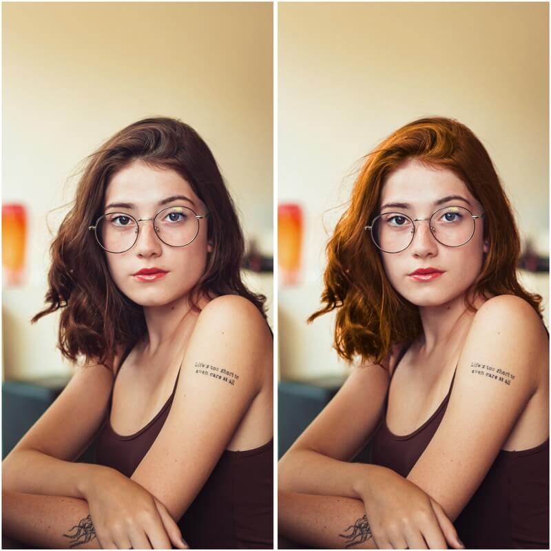 Antes e depois de uma edição feita com o Airbrush para mudar a cor do cabelo