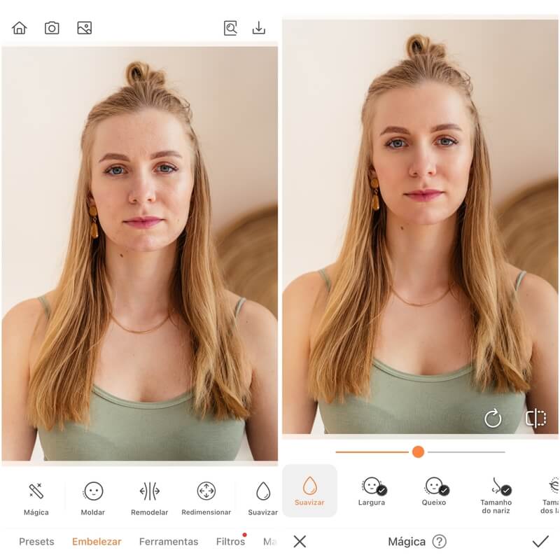 Edição sendo feita com o aplicativo do Airbrush de uma mulher loira.