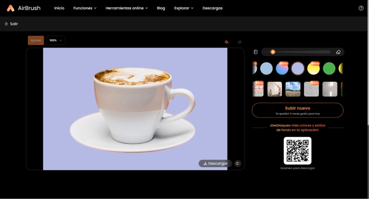 Background Remover Airbrush Web Screenshot ES - cup of coffee with purple background
