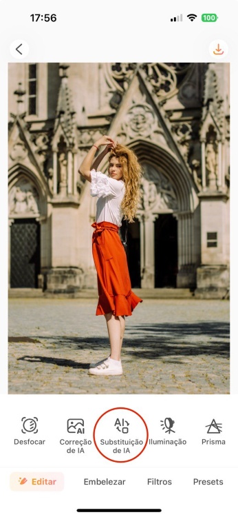 Airbrush AI Replace App Screenshot PT - woman in red skirt ai replace