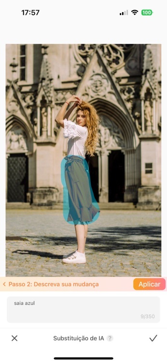 Airbrush AI Replace App Screenshot PT - woman in red skirt promt