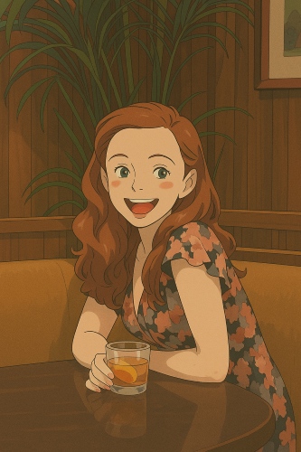 ghibli filter - woman in the cafe smiling after ChatGPT generated