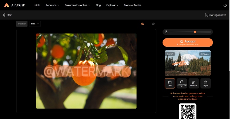 Airbrush AI Object Remover Web Screenshot PT - remove watermark highlight