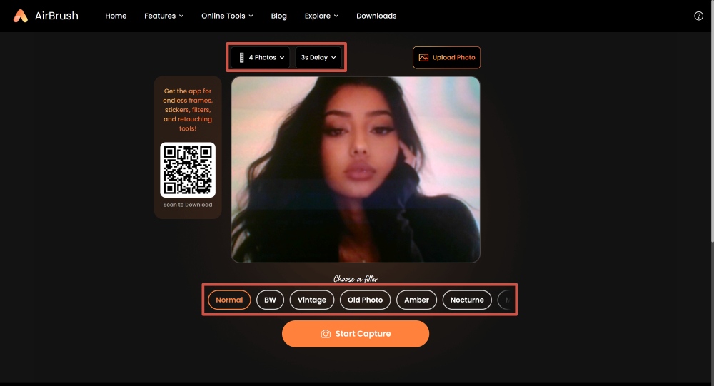 Airbrush Web Screenshot EN - Camera Online Photo Booth choose filter