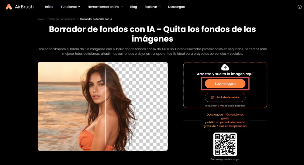 Airbrush Web Screenshot ES - remove image background upload image