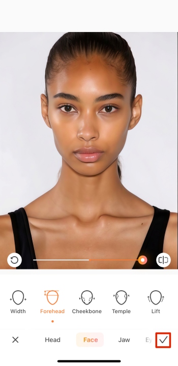 Airbrush App Screenshot EN - Celebrity Look Alike Forehead Shaping tick