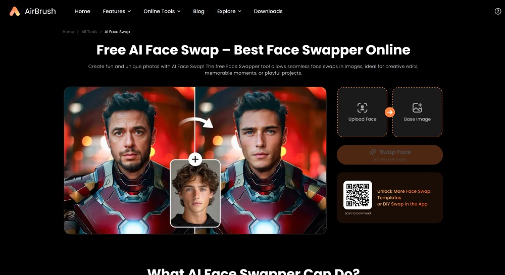 Airbrush Web Screenshot EN - AI Face Swap main page