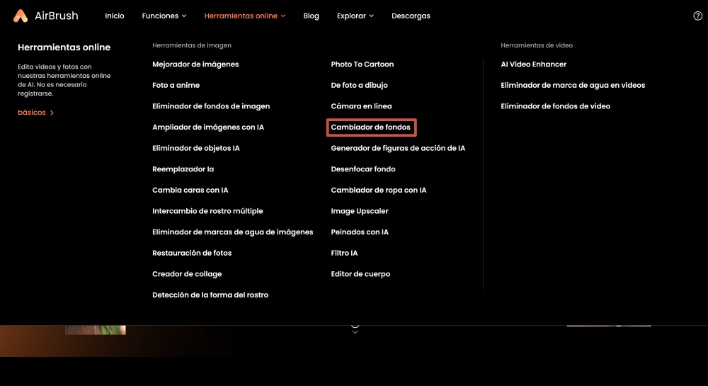 Airbrush Web Screenshot ES - change background choose online tool