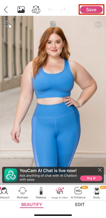 YouCam Makeup App Screenshot EN - Weight Loss Simulator save