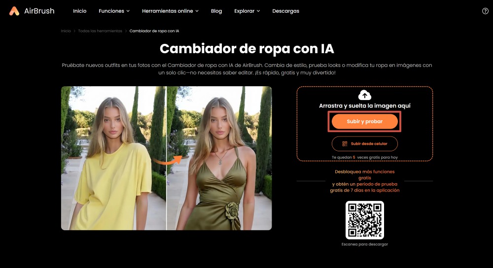 Airbrush Web Screenshot ES - change outfit main page