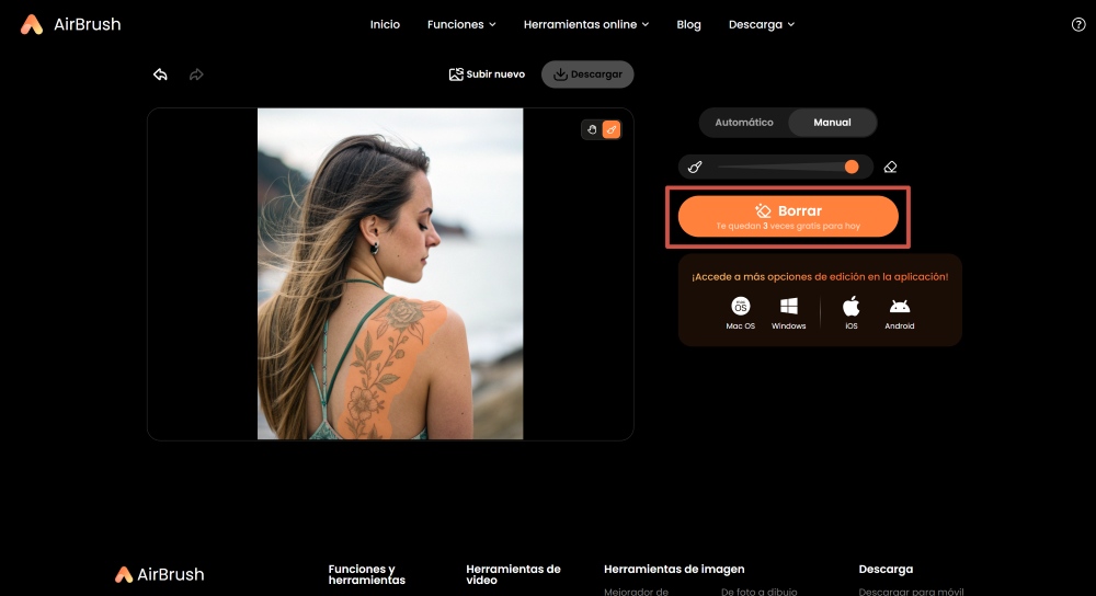 Airbrush Web Screenshot ES - remove tattoo AI object remover click remove