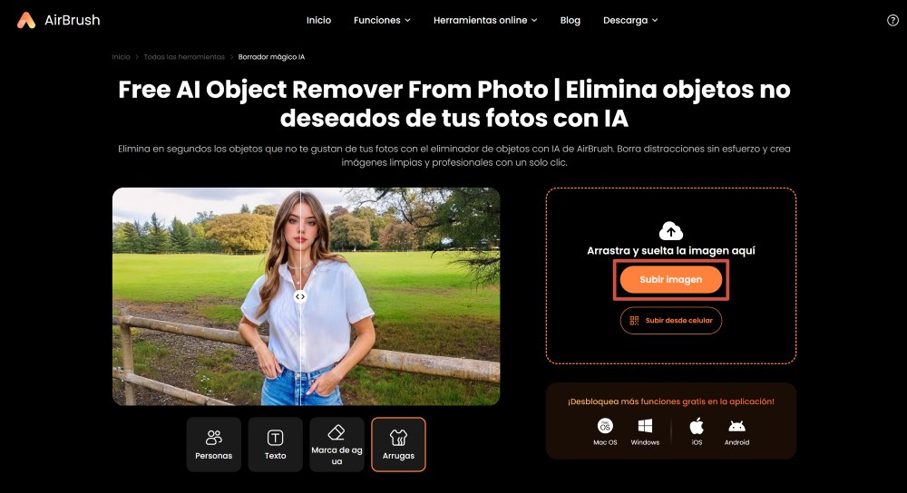 Airbrush Web Screenshot ES - remove tattoo AI object remover upload the image
