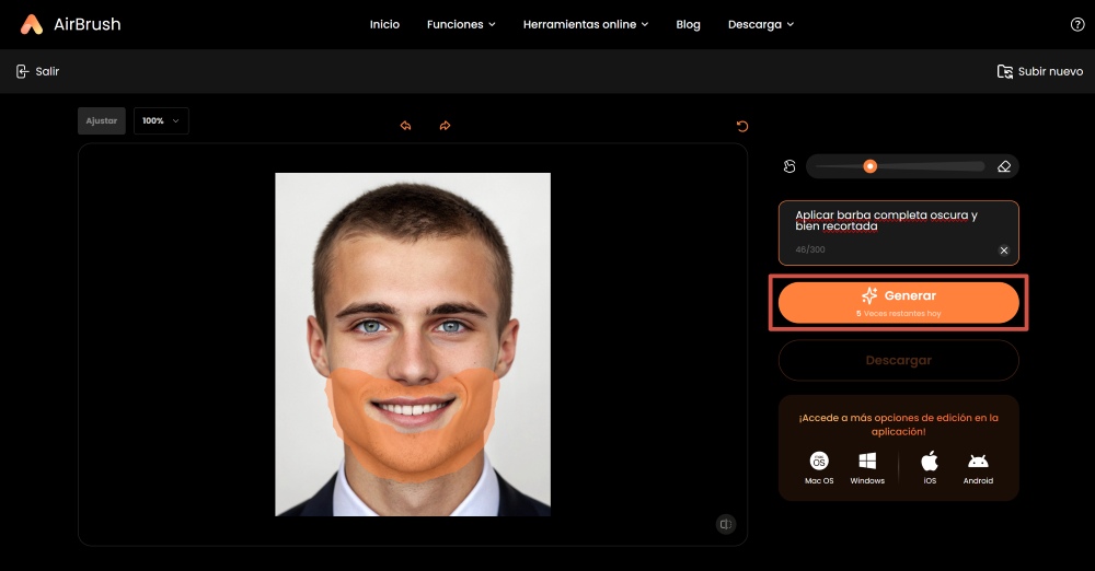 Airbrush Web Screenshot ES - AI Replacer beard filter generate