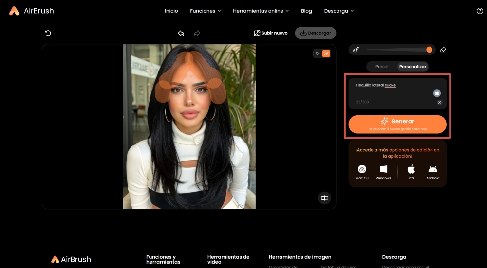 Airbrush Web Screenshot ES - ai hairstyle changer bangs filter custom prompt
