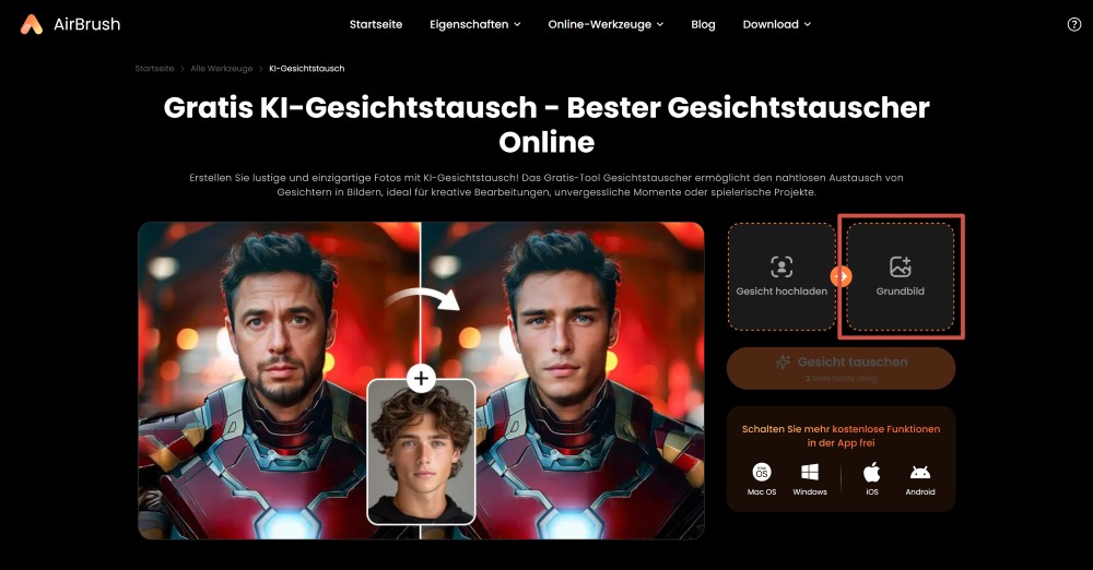 Airbrush Web Screenshot GE - Face Swap choose the template