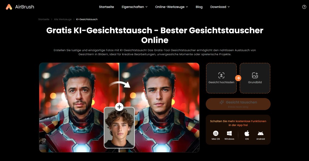 Airbrush Web Screenshot GE - Face Swap main page