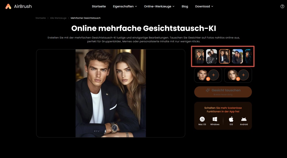 Airbrush Web Screenshot GE - Multiple Face Swap choose the template