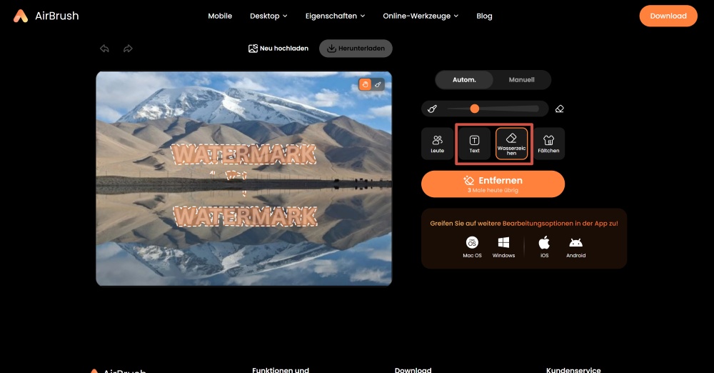 Airbrush Web Screenshot DE - remove watermark ai object remover text or watermark