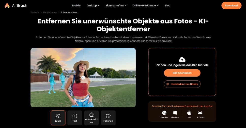 Airbrush Web Screenshot GE - remove people from photos AI Object Remover main page