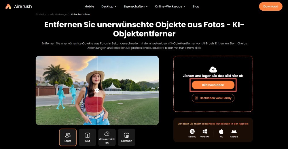 Airbrush Web Screenshot GE - remove people from photos AI Object Remover upload image
