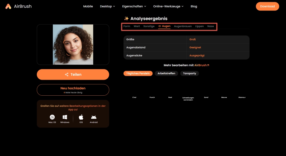 Airbrush Web Screenshot DE - AI Face Shape Detector additional analyses