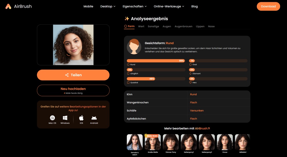 Airbrush Web Screenshot DE - AI Face Shape Detector result