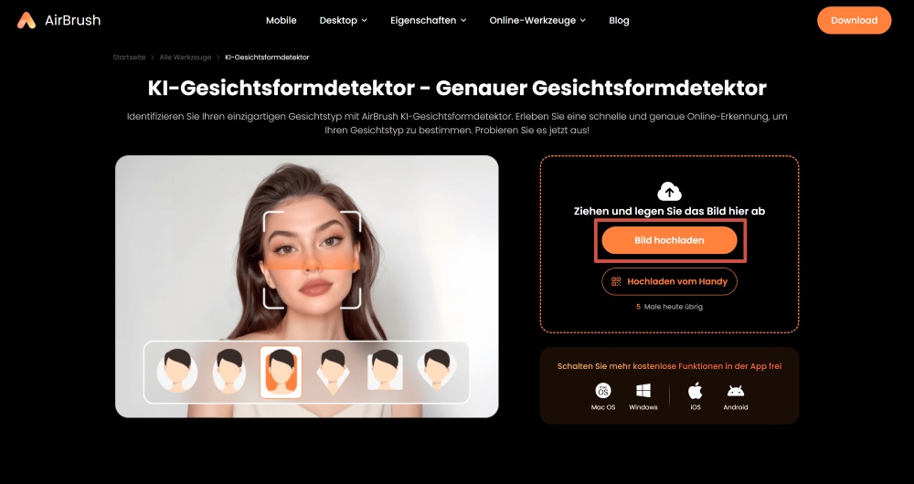 Airbrush Web Screenshot DE - AI Face Shape Detector upload image